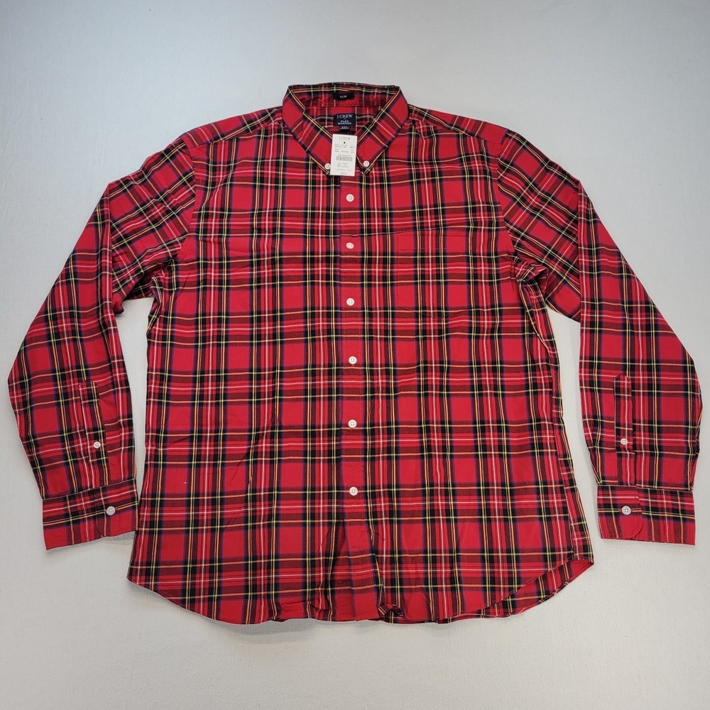 J Crew Shirt Mens 2XL Red Plaid Slim Flex Washed Button Down Preppy